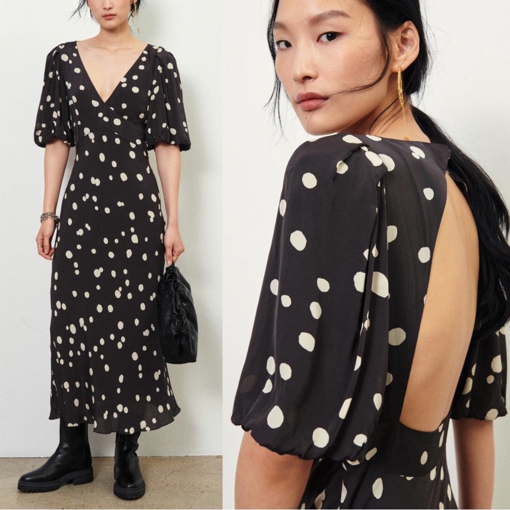 BA&SH NWOT Gray Black White Spotted Open Back Satin Puff Sleeve Midi Maxi Dress
